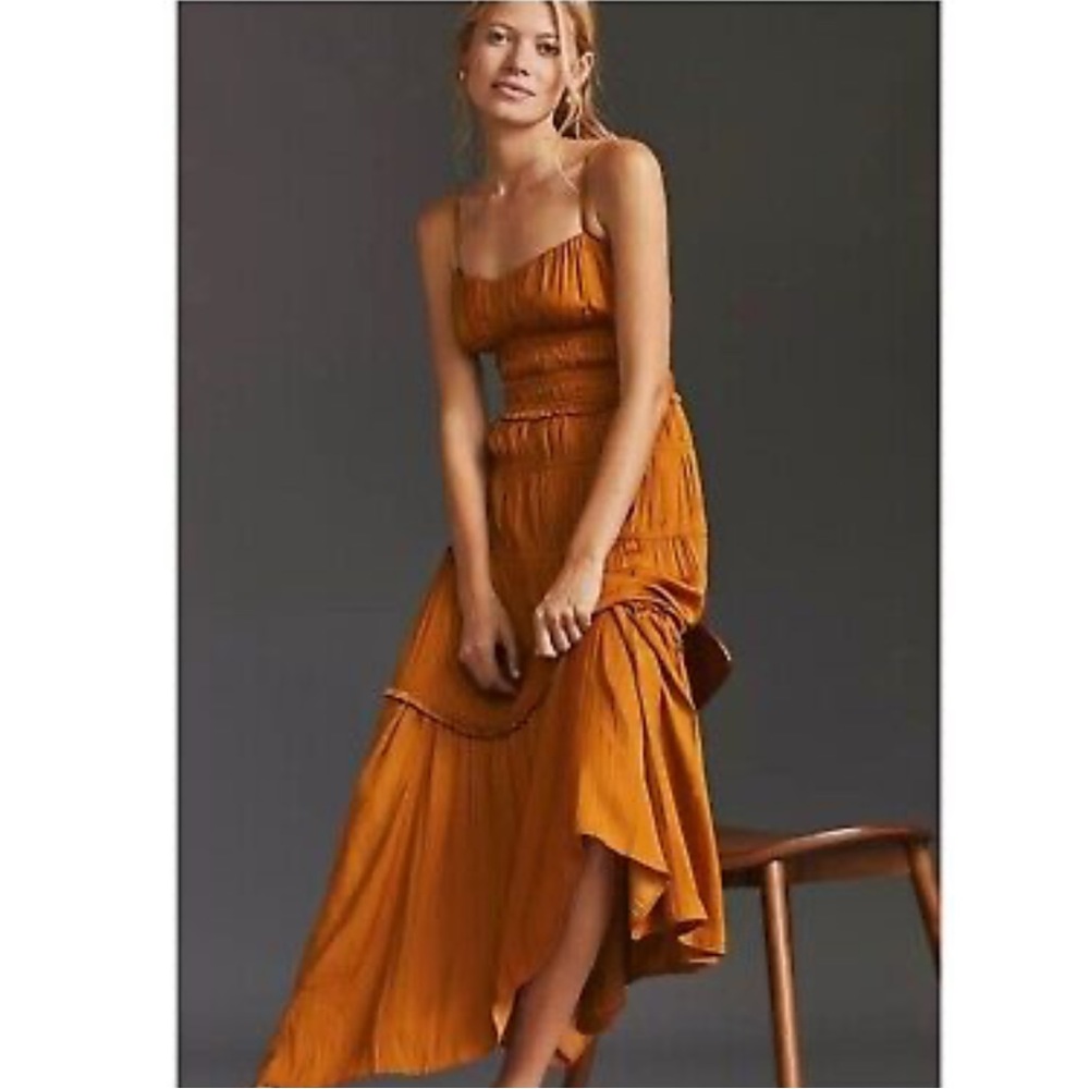 Anthropologie Satin Pleated Dress - Size 0 - Burnt Orange/Gold